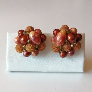 Hong Kong Vintage 1940-1950s Faux Pearl Cluster Clip-on Earrings Earth Colors